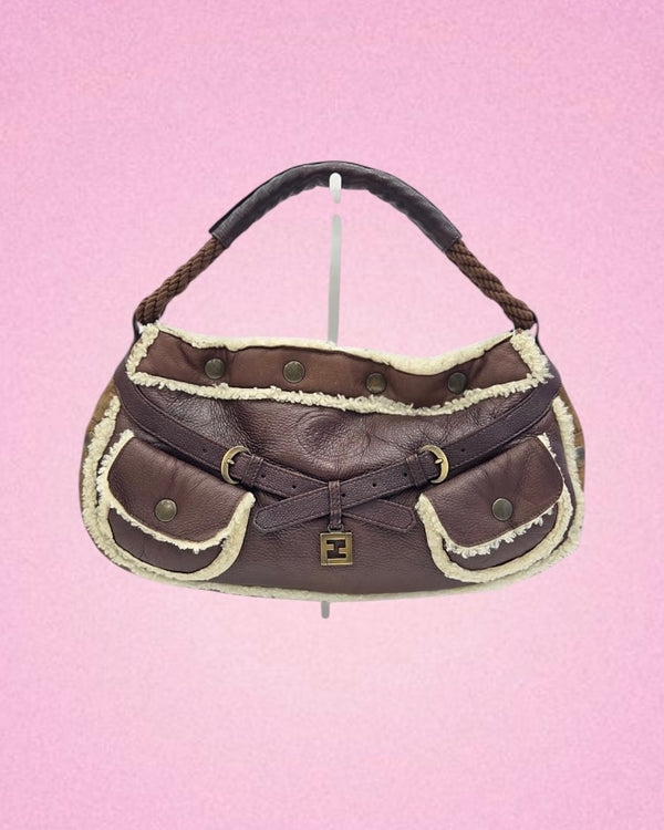 Fendi Vintage Shearling Spy Shoulder Bag Brown Leather