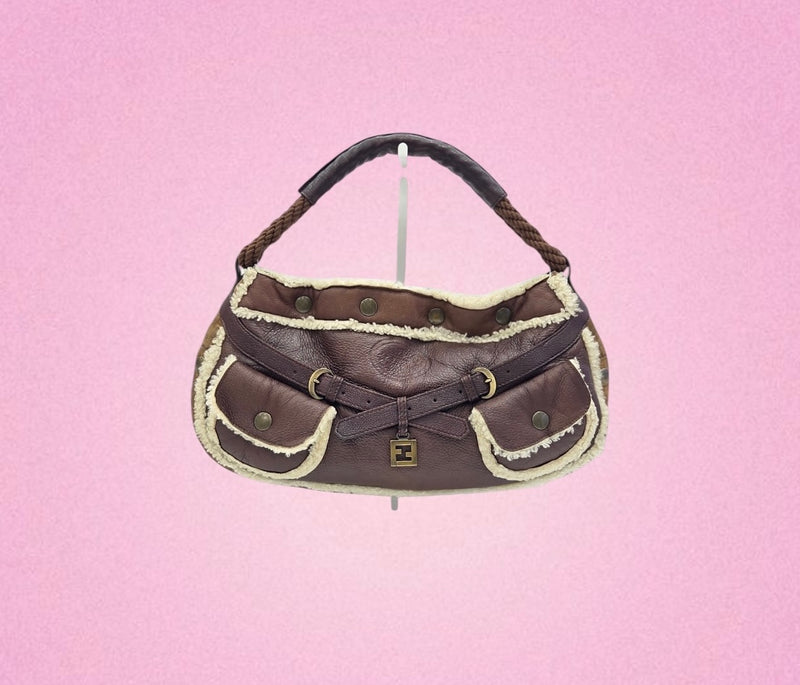 Fendi Vintage Shearling Spy Shoulder Bag Brown Leather